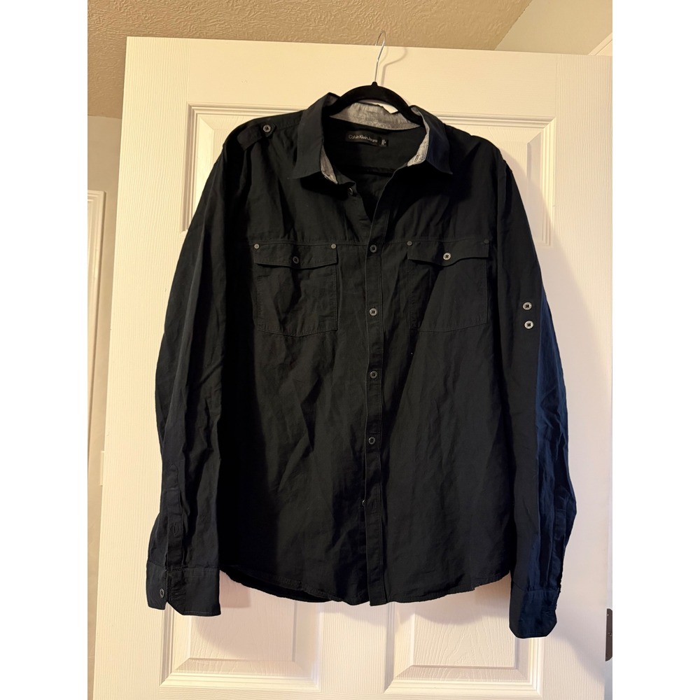 Calvin Klein Jeans Mens XL Black Long Sleeve Utility Button Down Shirt